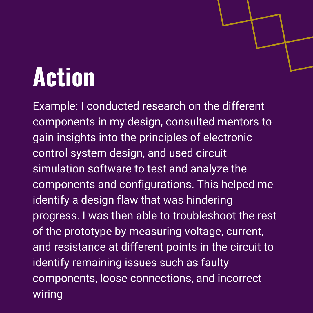 Example: I conducted research on components, consulted mentors, and used simulation software which helped me to troubleshoot issues and identify design flaws