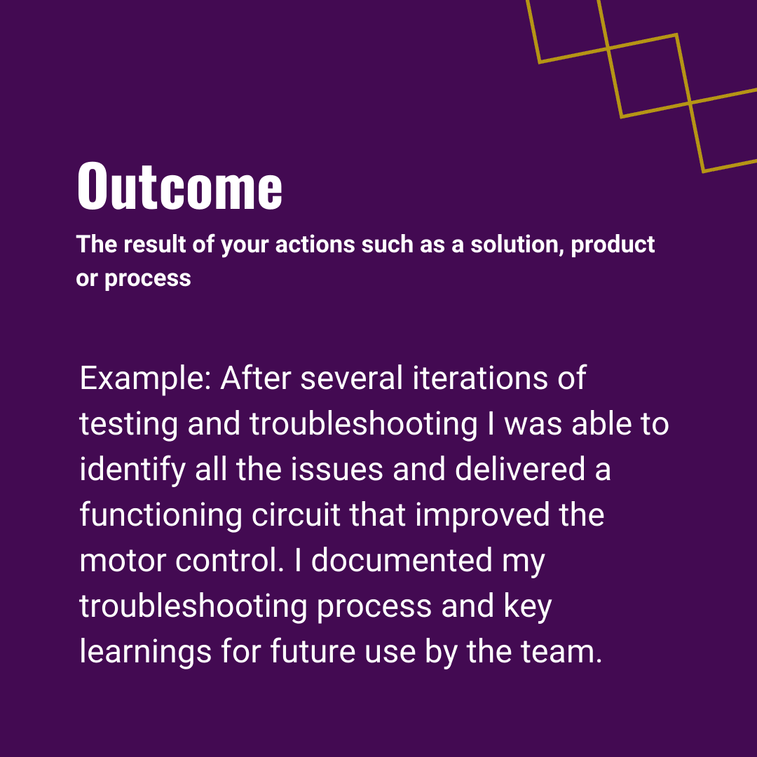 Outcome: the result of your actions such as a solution, product, or process. Example: after several iterations, I was able to identify all issues and deliver a functioning circuit